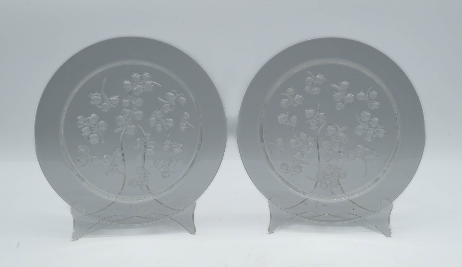 Lot of 2 Marked Lalique Clear Crystal Plates w/Frosted Lily of the Valley Motifs (1 of 6)