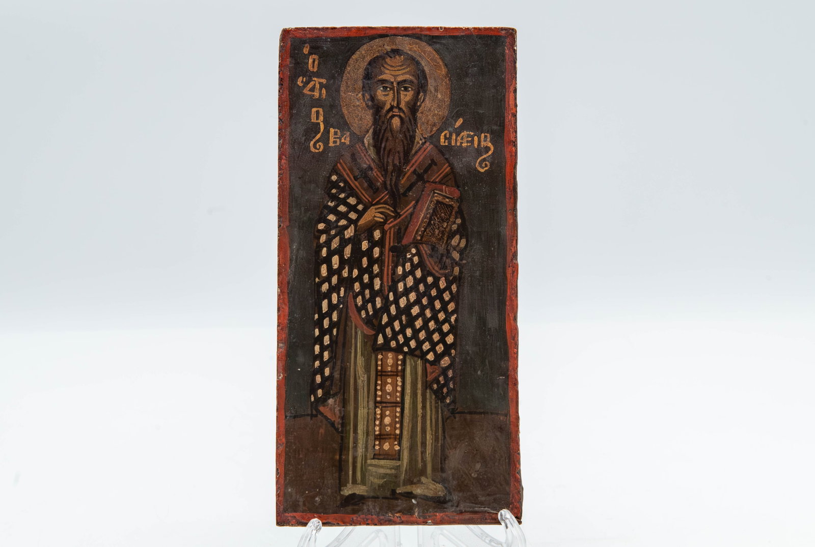 Old Handmade Byzantine Greek Orthodox Wooden Icon Panel Depicting Saint Basil: Old Handmade Byzantine Greek Orthodox Wooden Icon Panel Depicting Saint Basil. Measures 4" x 8". Overall in good condition with age-related wear consistent with age. (Stand Not Included)