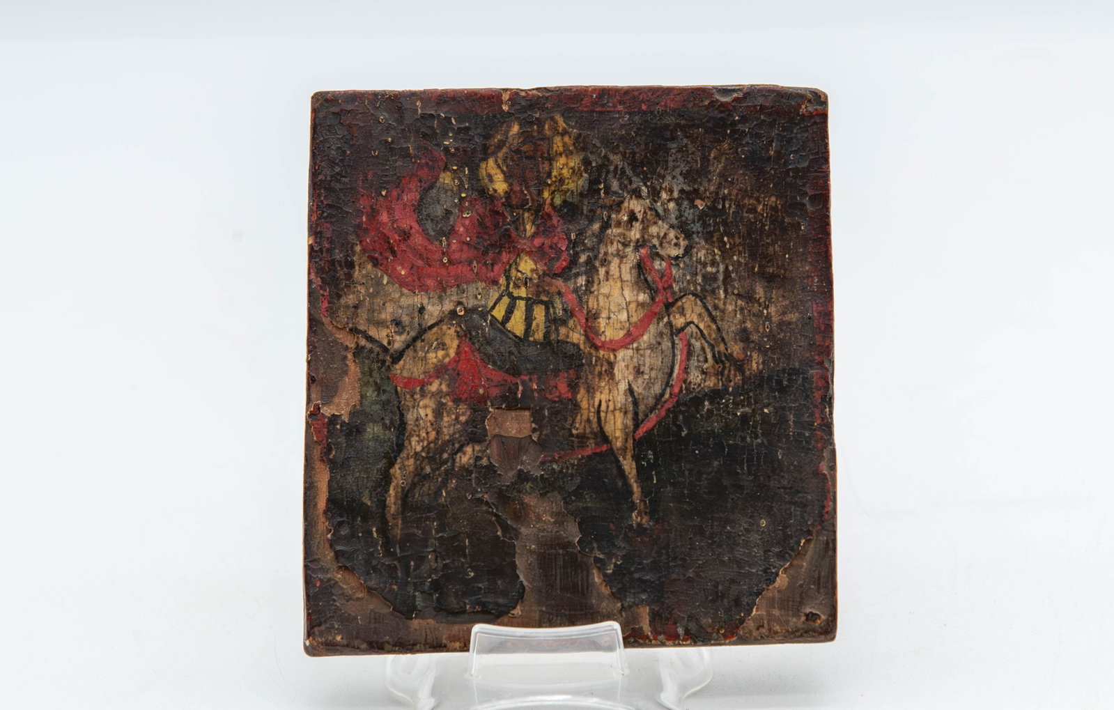 Antique Wooden Icon Panel Depicting Saint George: Antique Wooden Icon Panel Depicting Saint George. Measures 3"3/4 x 4". Overall in good antique condition with age-related wear and patina consistent with age. (Stand Not Included)
