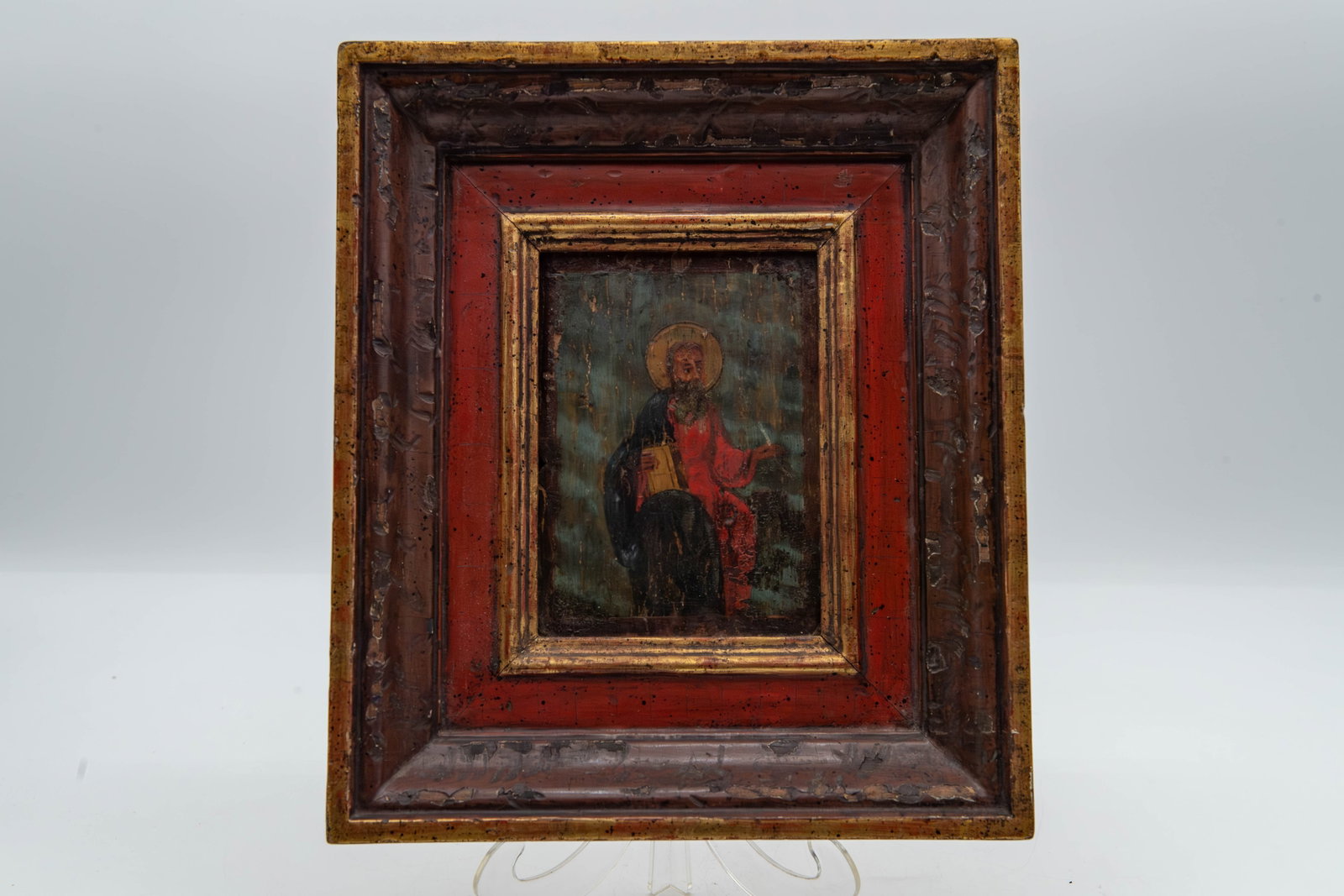 Framed Antique Handmade Orthodox/Christian Wooden Icon Panel: Framed Antique Handmade Orthodox/Christian Wooden Icon Panel. Measures 9" x 11". Overall in good antique condition with age-related wear and patina consistent with age. (Stand Not Included)