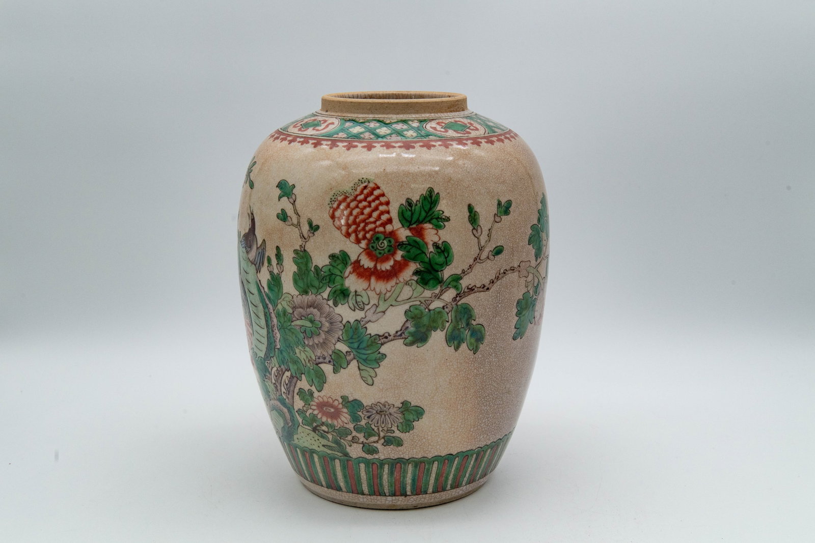 Antique Chinese Famille Verte Porcelain Ginger Jar Marked "CHINA": Antique Chinese Famille Verte Porcelain Ginger Jar Marked "CHINA", Birds & Floral Motifs. Measures 10"1/2H x 8"1/2W. Overall in good condition. The vase has been drilled for use as a lamp.
