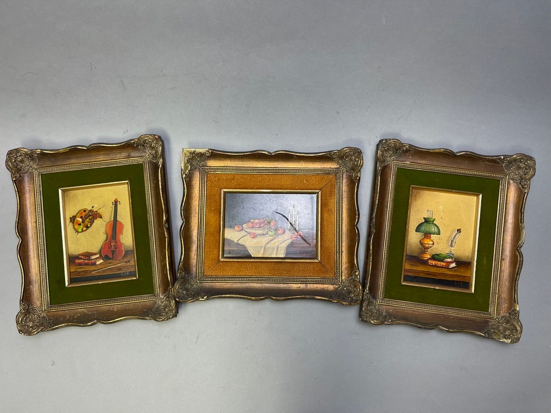 Lot of 3 Framed Vintage Still Life Oil Paintings on Wood Panel, Signed: Lot of 3 Framed Vintage Still Life Oil Paintings on Wood Panel, Signed. Frame size 10"1/2 x 12"1/2. The painting remains in very good condition with no obvious damage observed. The wooden frame has sm