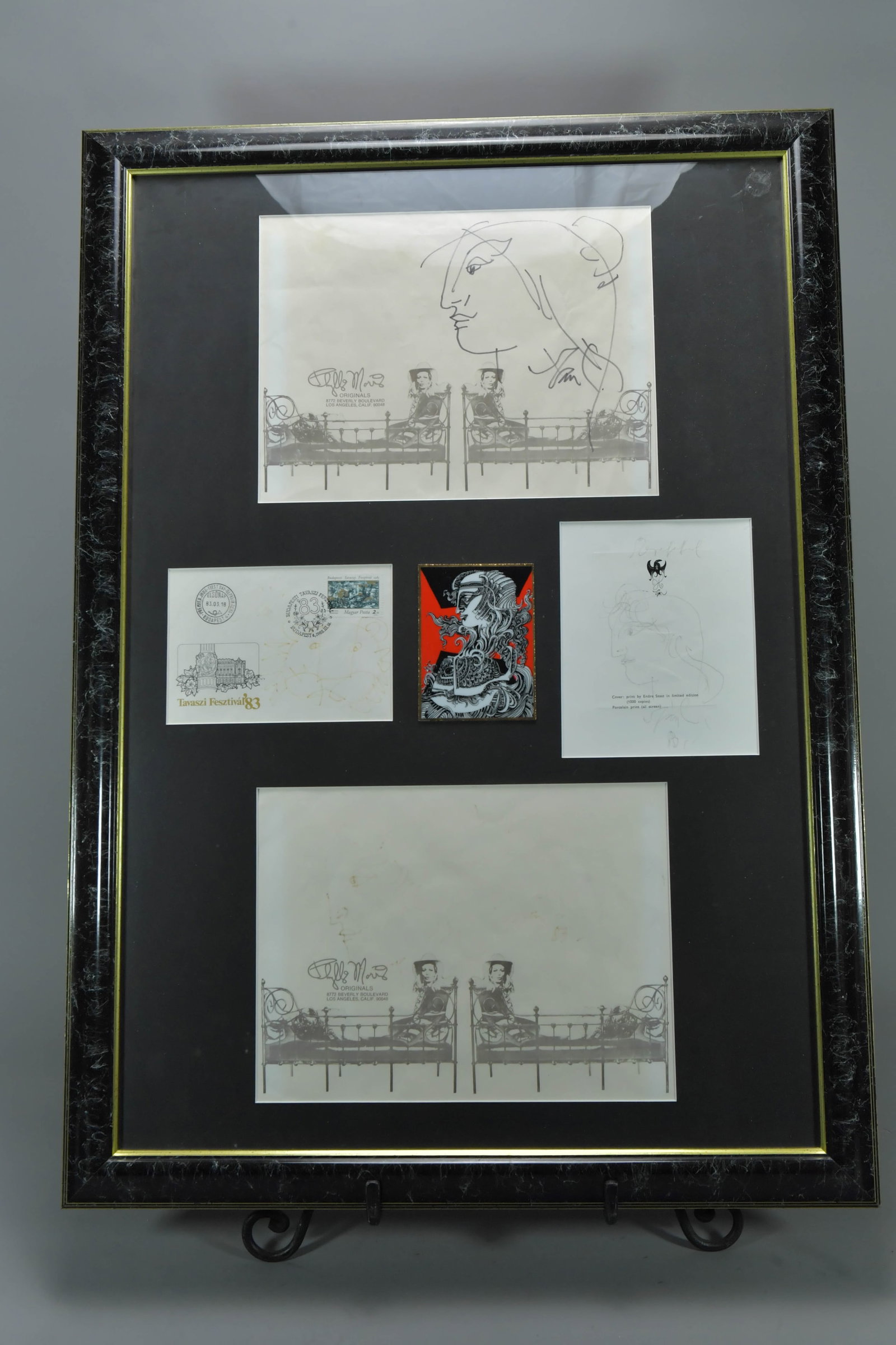 Framed Collection of "Tavaszi Festival '83" (Spring Festival '83) in Hungary, Artist Sketch &: Framed Collection of "Tavaszi Festival '83" (Spring Festival '83) in Hungary, Artist Sketch & Signature. A item in the frame is an envelope with a stamp and postmark from the "Tavaszi Festival '83" (S