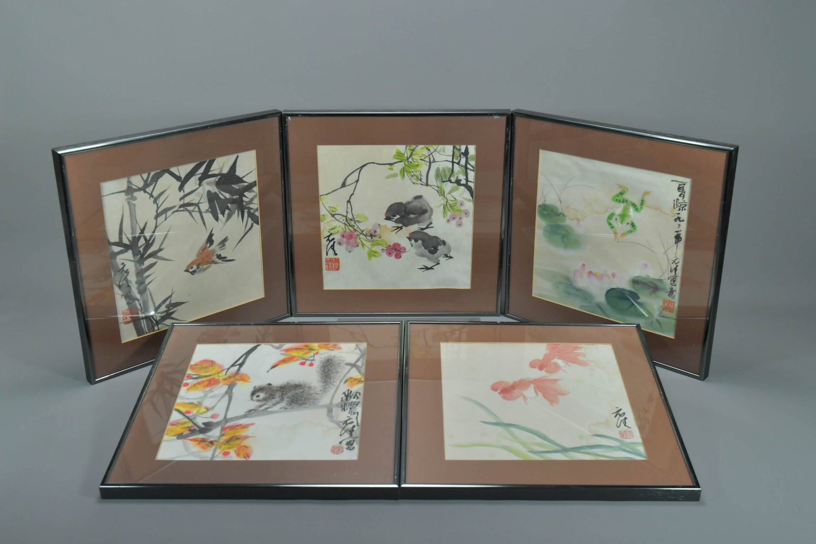 Group of 5 Framed Vintage Watercolor Paintings w/Artist's Sign 元清: Group of 5 Framed Vintage Watercolor Paintings w/Artist's Sign 元清. Frame size: 14" x 14"; With water stains. (Stand Not Included)