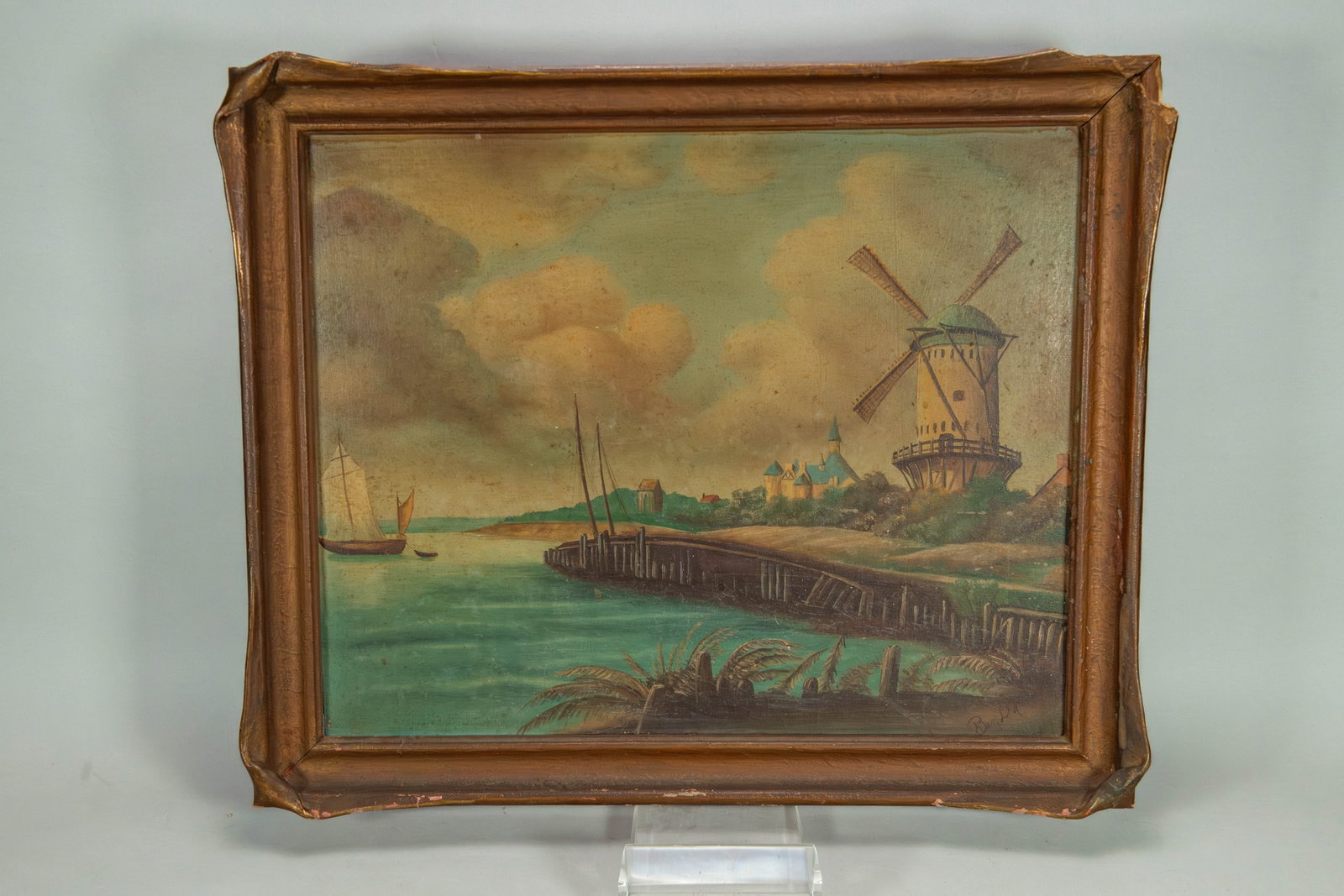 Framed Vintage Painting on Wooden Panel - Classic Dutch Landscape & Harbor Scene w/Artist's: Framed Vintage Painting on Wooden Panel - Classic Dutch Landscape & Harbor Scene w/Artist's Signature. Frame size 22"1/2 x 19". The painting remains in good vintage condition with no obvious damage ob
