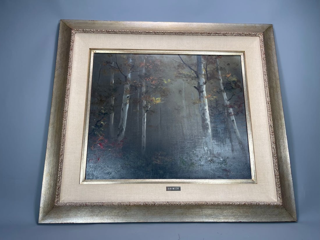 California Impressionist MITSUZO SHIMIZU Oil Painting - "Misty Forest Landscape": California Impressionist MITSUZO SHIMIZU Oil Painting - "Misty Forest Landscape", Japan/California 1905-1986. Oil on canvas, frame size 34"1/2 x 30"1/2, signed lower right. (Stand Not Included)