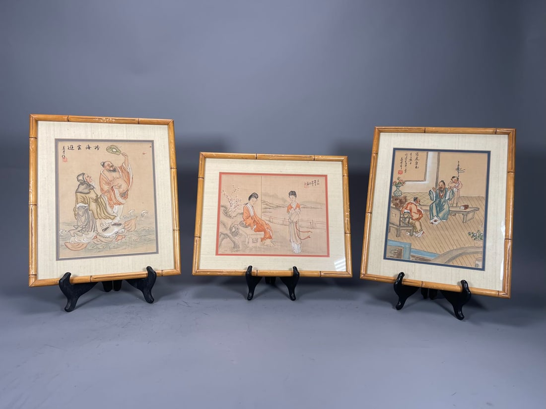 Lot of 3 Framed Chinese Watercolor Figurines Painting w/Artist's Signature & Seal (1 of 11)