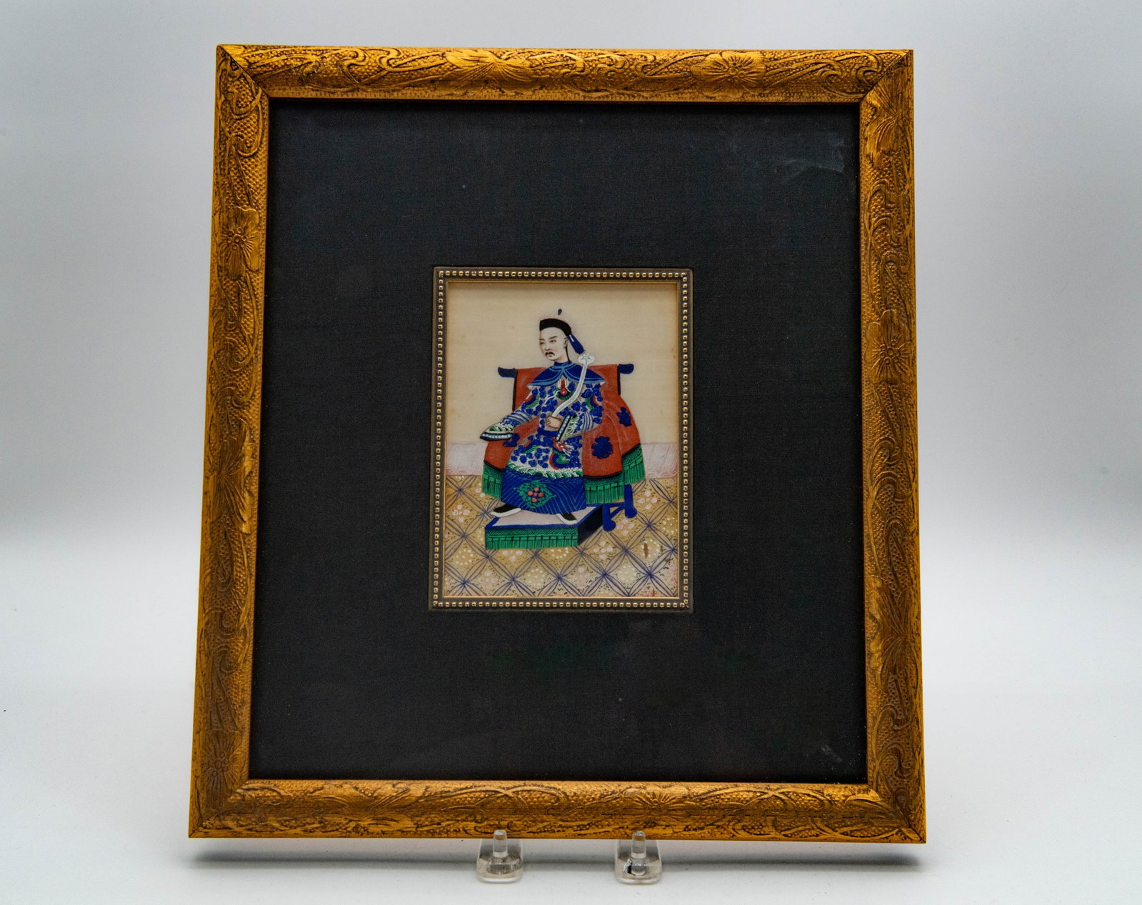 Framed Vintage Chinese Gentleman Gouache Portrait on Pith Paper: Framed Vintage Chinese Gentleman Gouache Portrait on Pith Paper. It portrays a royal or noble gentleman, possibly a mandarin or emperor, dressed in ceremonial attire. Frame size 12" x 13"1/2. Very goo