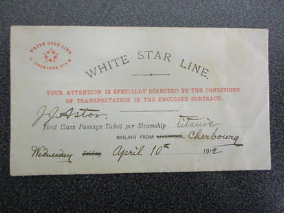 Titanic White Star Line John J Astor Signed 1st Class Passage Ticket Contract Envelope: Immerse yourself in the opulence of history with this rare White Star Line 1st Class Passage Ticket from the ill-fated RMS Titanic, linked to the iconic John J. Astor. Encased in an authentic contract