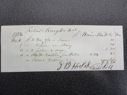 "Wild Bill Hickok" James Butler Hickok Signed Authentic Receipt Dated 1873: Own a piece of Wild West history with this rare and authentic signed receipt from the legendary Wild Bill Hickok, dated 1873. Immerse yourself in the past as you hold in your hands a tangible connecti