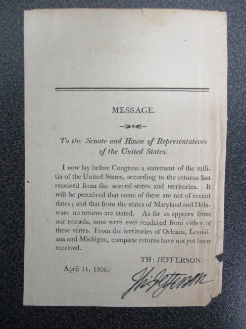 Thomas Jefferson signed message page dated April 11, 1806 (1 of 5)