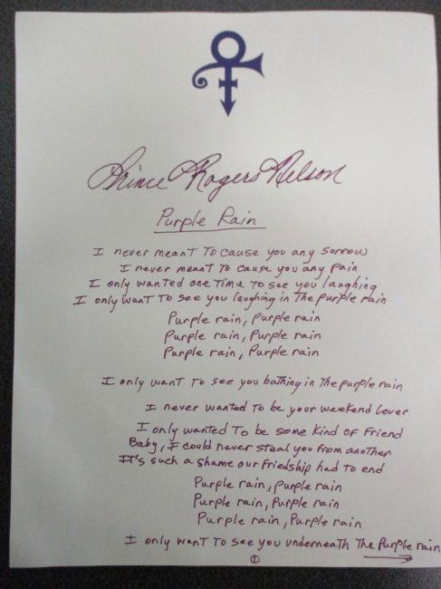 "Prince" Rogers Nelson Signed and Hand Written Lyrics for the song, "Purple Rain" (1 of 5)