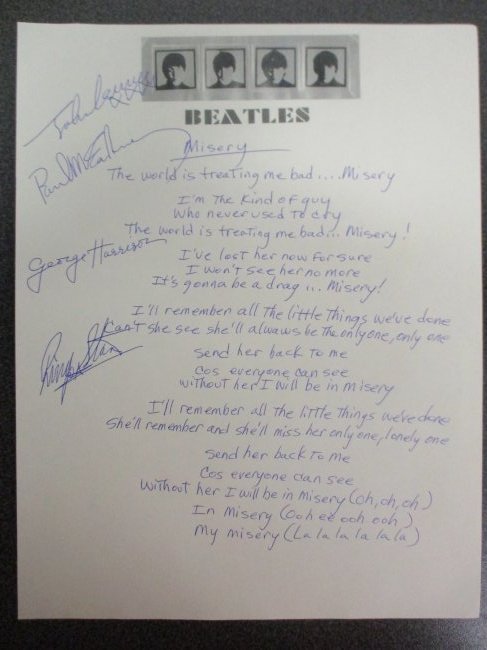 Beatles Bliss: Fab Four Signed Beatles Letterhead with 'Misery' Lyrics and COA – A Musical Time (1 of 7)