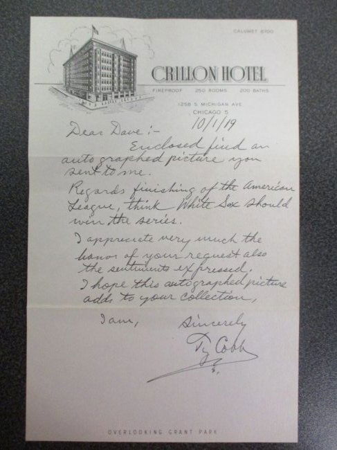 Ty Cobb Signed 1919 Handwritten Letter Regarding Black SOX and World Series Crillon Hotel Stationery (1 of 7)