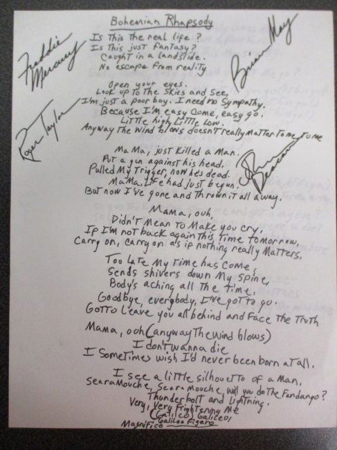Bohemian Rhapsody Brilliance: Freddie Mercury Signed Autographed Lyrics – Rare Queen Relic w/ COA (1 of 8)