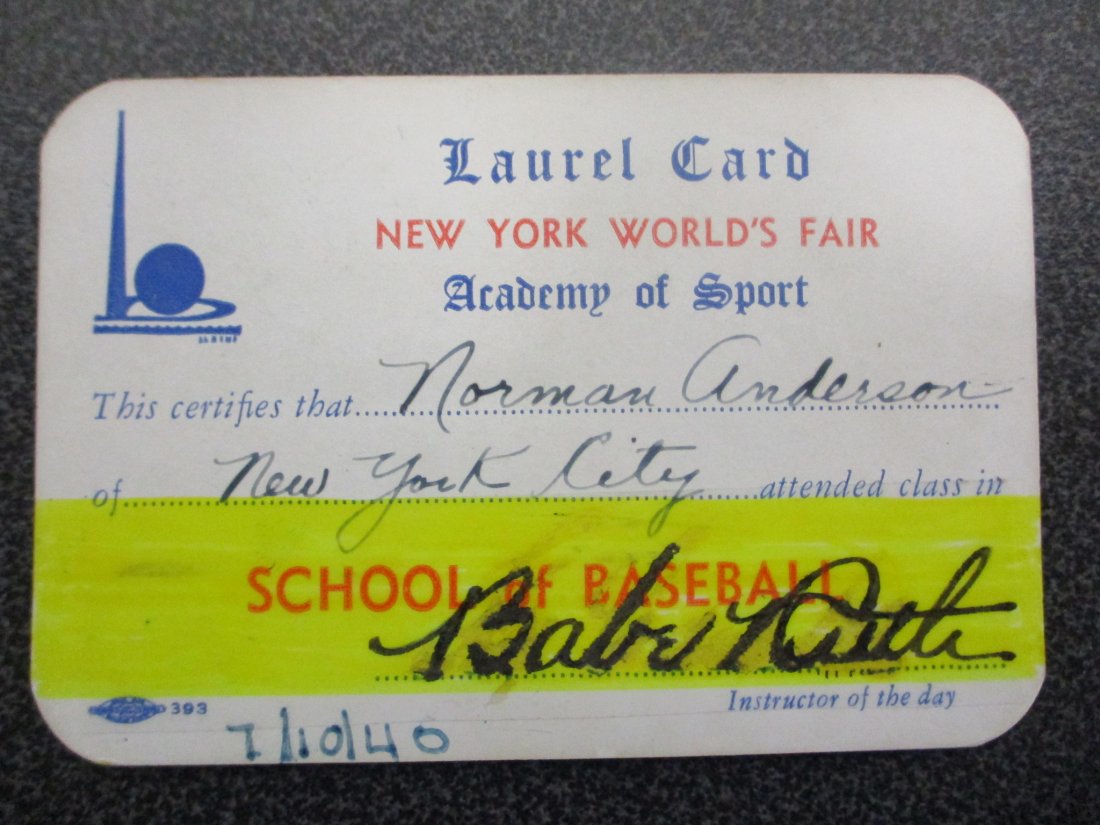 Babe Ruth Signed Laurel card from the Academy of Sport at the New York World's Fair in 1940: (1 of 5)