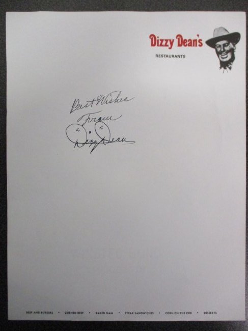 Dizzy Dean's Culinary Best: Autographed Letterhead from His Restaurant – A Delightful Relic with (1 of 6)