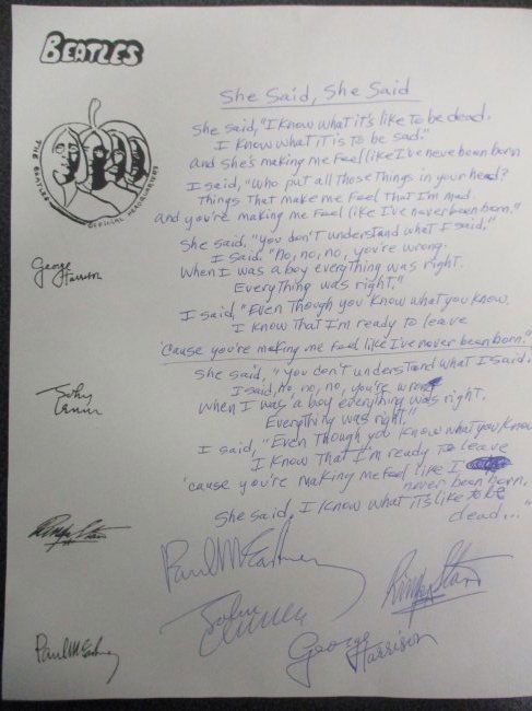 The Beatles Hand Written Signed 'She Said, She Said' Lyrics – A Masterpiece (1 of 3)