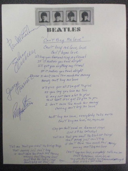 The Beatles Signed 'Can't Buy Me Love' Handwritten Lyrics Signed by John, Paul, George, Ringo (1 of 4)