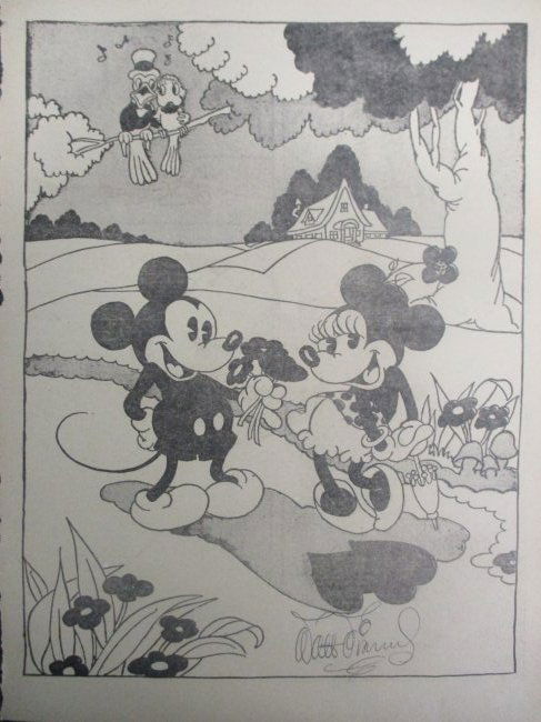 Walt Disney Signed Mickey Mouse and Minnie Mouse, Coloring Book Page measuring 14“ x 11“ with (1 of 4)