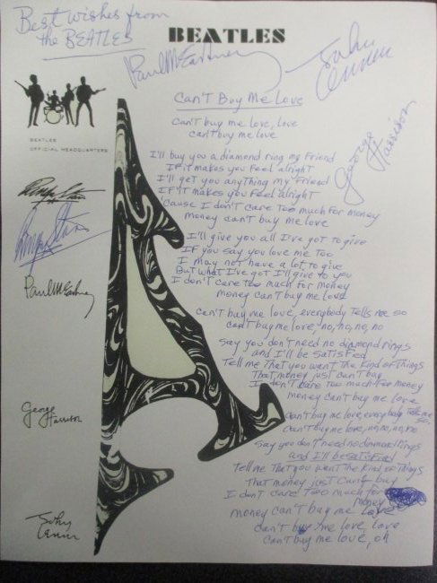 The Beatles Handwritten and Signed  'Can't Buy Me Love' Lyrics (1 of 6)