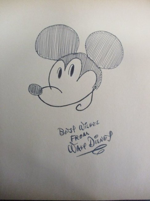 Walt Disney Signed Mickey Mouse Sketch with Personal Inscription and Best Wishes 12" x 10 (1 of 4)