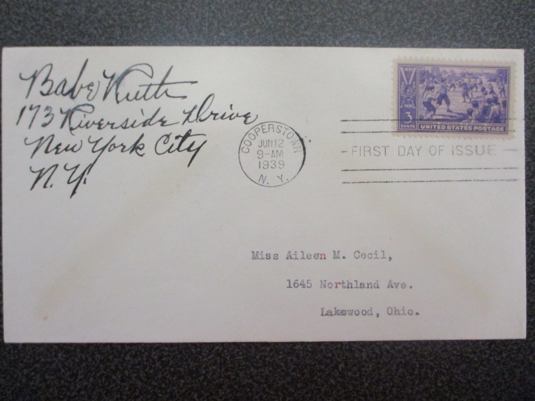 Babe Ruth Signed First Day of Issue Envelope - Cooperstown, New York, 1939 with Certificate (1 of 3)
