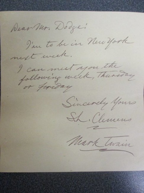 Samuel Clemens Signed Personal Note to Mr. Dodge - A Rare Glimpse into Twains Wit (1 of 2)