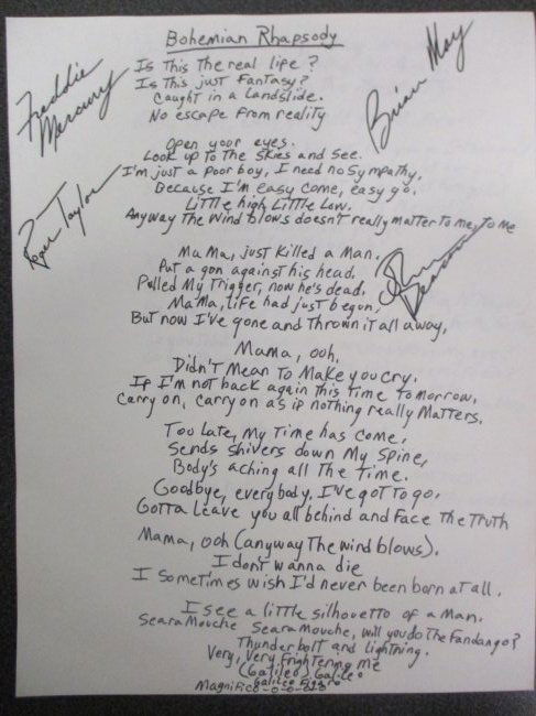 Freddie Mercury Signed 'Bohemian Rhapsody' Handwritten Lyrics - Bohemian Elegance (1 of 4)