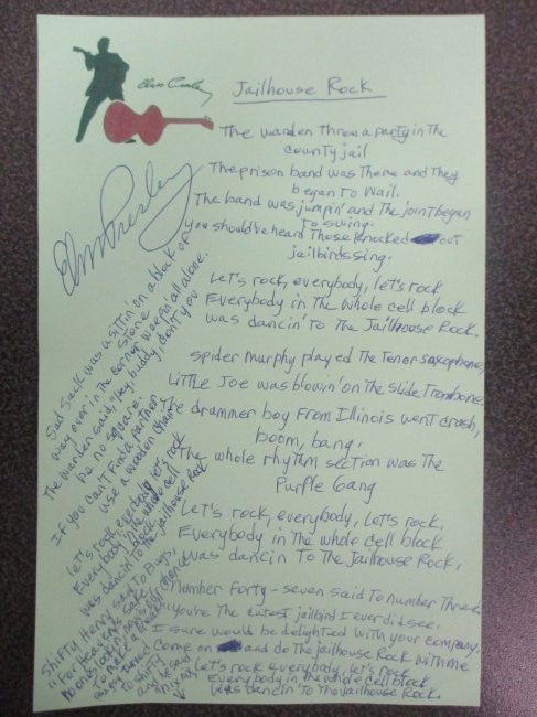 Elvis Presley Signed 'Jailhouse Rock' Handwritten Lyrics (1 of 3)
