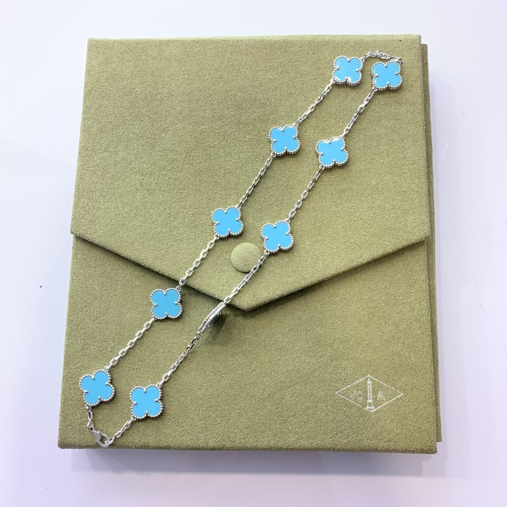 Van Cleef & Arpels Vintage Alhambra 18K White Gold 10 motifs Turquoise Long Necklace (1 of 4)