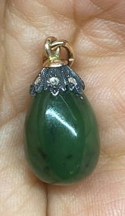 RUSSIAN GOLD ,JADE EGG PENDANT WITH DIAMONDS: RUSSIAN GOLD JADE EGG PENDANT WITH DIAMONDS STAMPED AND MARKED SIZE 23mm including loop