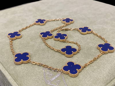 Van Cleef & Arpels 18k Yellow Gold 10 Motif Alhambra Lapis Necklace