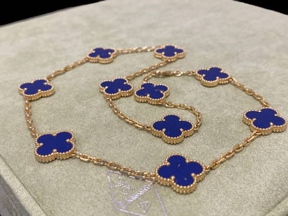 Van Cleef & Arpels 18k Yellow Gold 10 Motif Alhambra Lapis Necklace: Van Cleef & Arpels 18K Yellow Gold Lapis Lazuli Vintage Alhambra 10 Motif Necklace Condition: Good Material: 18K Yellow Gold Gem Stone: Lapis Lazuli Motif Dimensions: 15 mm x 15 mm