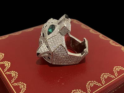 Cartier 18K White Gold & Diamond Panthere de Cartier Ring Diamond Emerald Onyx