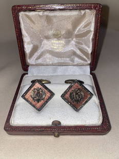 RUSSIAN SILVER ENAMEL DIAMOND CUFFLINKS: RUSSIAN SILVER ENAMEL DIAMOND CUFFLINKSSTAMPED AND MARKEDCOME IN WOODEN BOXSIZE 19x19mm