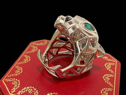 PANTHERE DE CARTIER RING Non-Rhodiumized 18K White Gold Tsavorite Garnets Onyx Size 7: PANTHERE DE CARTIER RING Non-Rhodiumized 18K White Gold Tsavorite Garnets Onyx Size 7Condition: like new.Brand: CartierMetal: 18k White gold.Gem stone: Onyx.Gem stone: Tsavorite garnet.Ring size: 7.Re