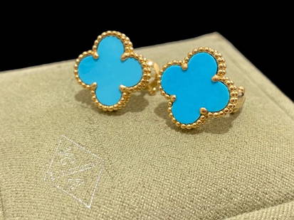 Van Cleef & Arpels 18K Yellow Gold Turquoise Vintage Alhambra Earrings: Van Cleef & Arpels 18K Yellow Gold Turquoise Vintage Alhambra Earrings Condition: Good Material: 18K Yellow Gold Gem Stone: Turquoise Motif Dimensions: 15 mm x 15 mm