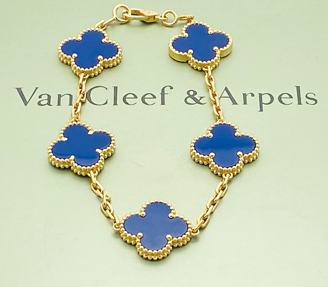 Van Cleef & Arpels 18K Yellow Gold Lapis Lazuli 5 Vintage Alhambra Motifs Bracelet (1 of 5)