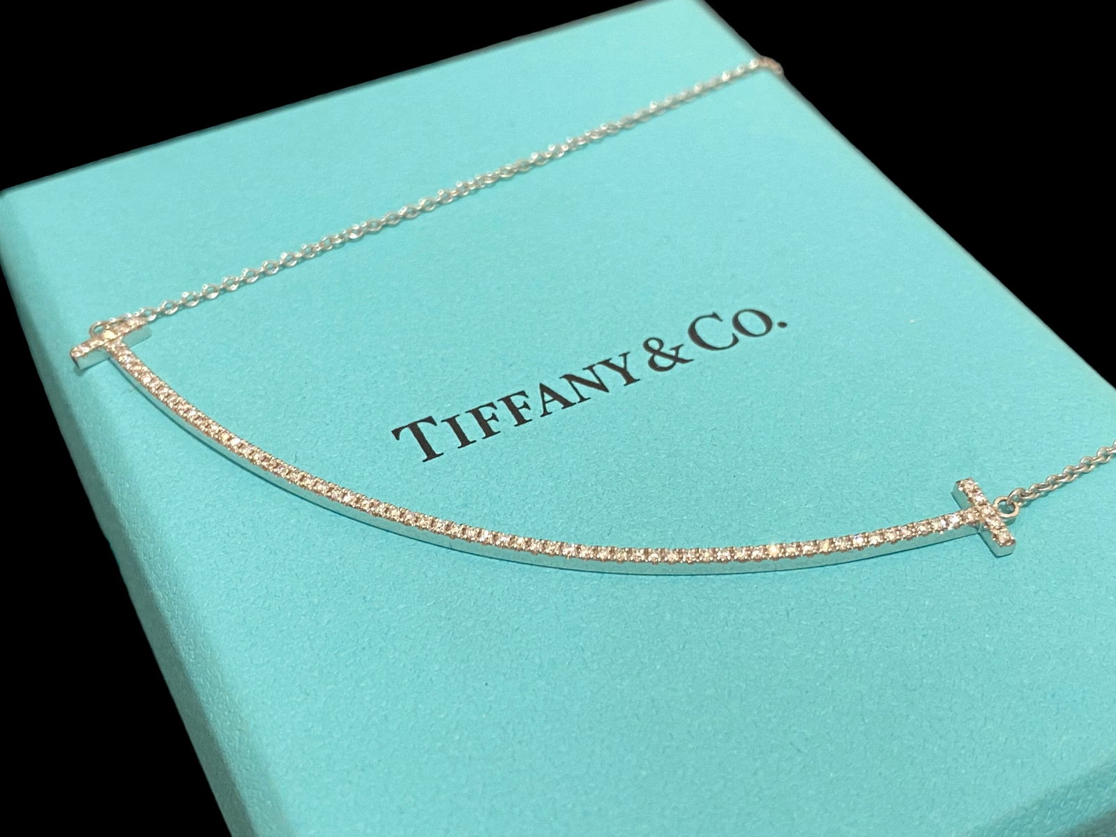 Tiffany & Co. 18K White Gold Diamond Pave T Smile Necklace, Large (1 of 9)