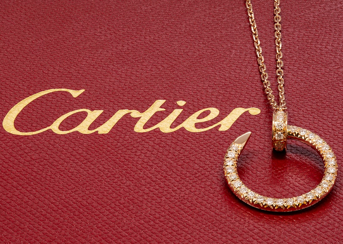 CARTIER JUSTE UN CLOU NECKLACE 18K ROSE GOLD DIAMONDS: Cartier Juste un Clou necklace, 18K rose gold (750/1000), set with 36 brilliant-cut diamonds totaling 0.38 carats. Width: 2.2 mm. Inner diameter: 14.2 mm. Adjustable chain length: 38-42 cm. Retail: $7
