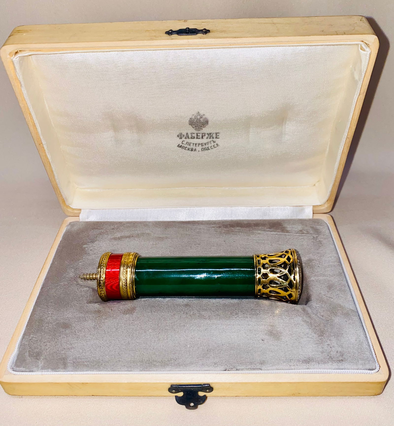 RUSSIAN SILVER, ENAMEL, NEPHRITE JADE, DIAMONDS CANE HANDLE WITH CAGED RAT (1 of 10)