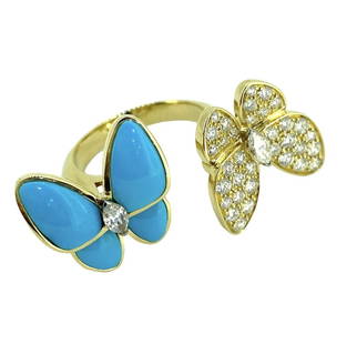 Van Cleef & Arpels 18K Diamond Two Butterfly Between the Finger Ring Size 6.5: Van Cleef & Arpels Two Butterfly Between the Finger ring Yellow gold 18k & Diamond, Turquoise Size: 6.5 Comes with C.O.A.! Material: Yellow gold 18k, Diamond, Turquoise Diamond: 36 stones, 1.0 carat