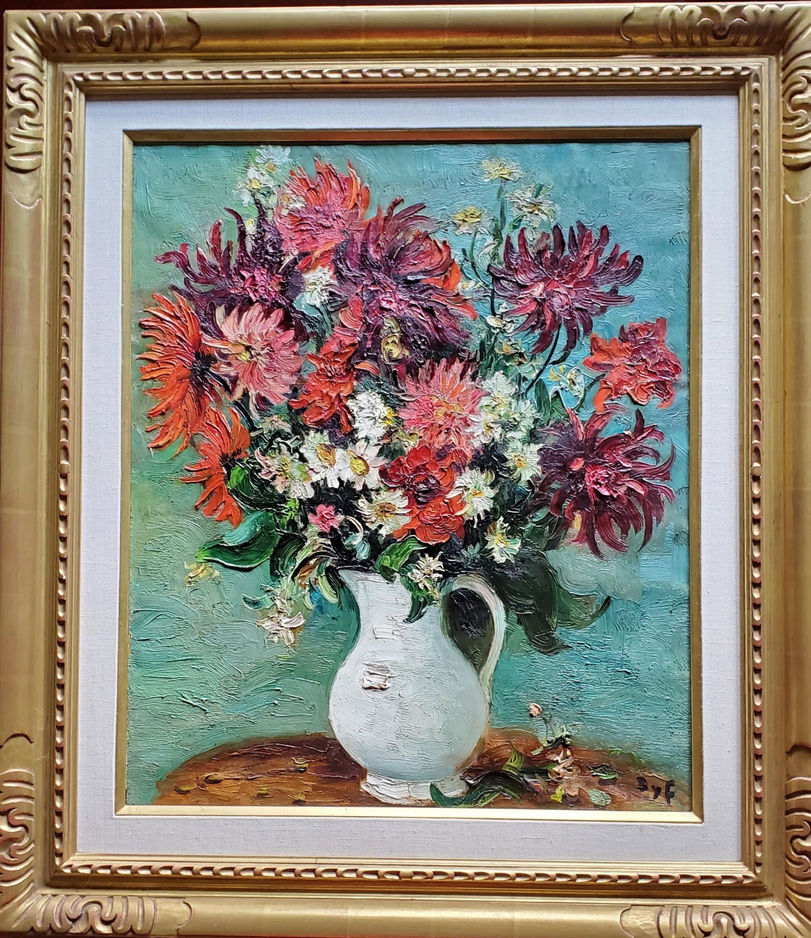 MARCEL DYF FRENCH PAINTING ON CANVAS DAHLIAS: MARCEL DYF ( 1899-- 1985)LARGE FRENCH OIL PAINTING ON CANVAS DAHLIAS SIGNED DIMENSIONS 31 INCHES BY 34 3/4 INCHES FRAMED PROVENANCE SOTHEBY"S, 2016 , DECEMBER 16 AUCTION