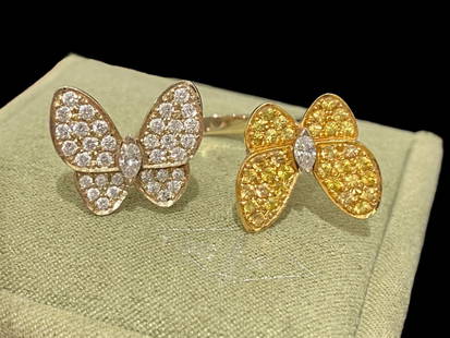 Van Cleef & Arpels Two Butterfly Between the Finger Ring 18k White Gold Diamond Sapphire Size 6: Comes with C.O.A. ! Condition: like new. Brand: Van Cleef & Arpels. Metal: 18k white gold. Gem stone : Diamond. Gem stone: sapphire. Ring size: 6.Retail price: $ 25,400.Comes with original box or