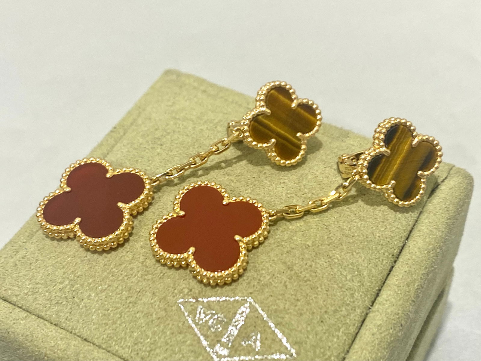 Van Cleef & Arpels Magic Alhambra 2 Motifs 18K Yellow Gold Carnelian & Tiger Eye Drop Earrings (1 of 4)