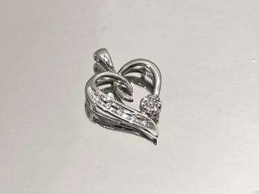 Single Cut Pave Diamond Open Heart Flower Cluster Pendant 10k White Gold