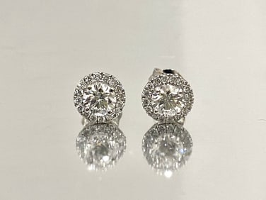 14K White Gold Halo Round-Cut Diamond Stud Earrings