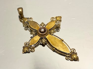 18KT Yellow Gold Antique Art Deco Seed Pearl Cross Pendant, Weight: 5.3 grams