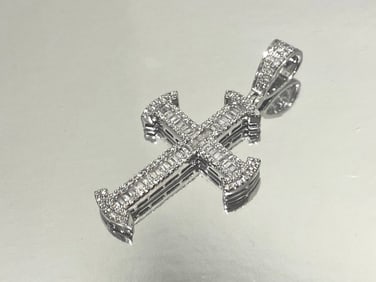 2 TCW Baguette and Round Natural Diamond Cross Pendant in 10K White Gold